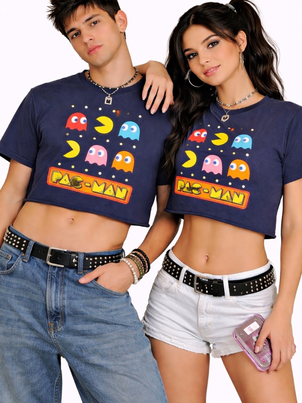MAD Engine Navy Pac-Man Graphic Crop Tee with Multicolor Ghosts